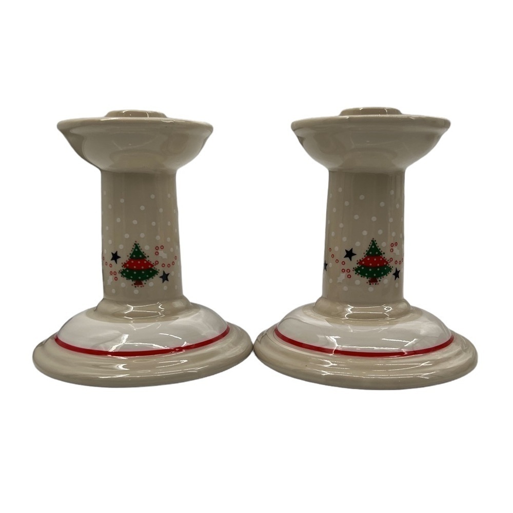 Noritake Epoch Holiday Joy Christmas Tree Candle Stick Holders Set Of 2